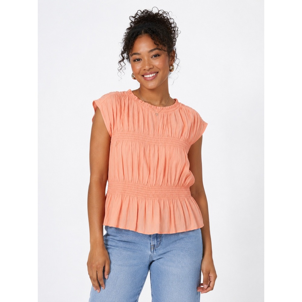 HM Womens Peach Smocked Peplum Blouse Sleeveless Ruffle Neck Top Large 047